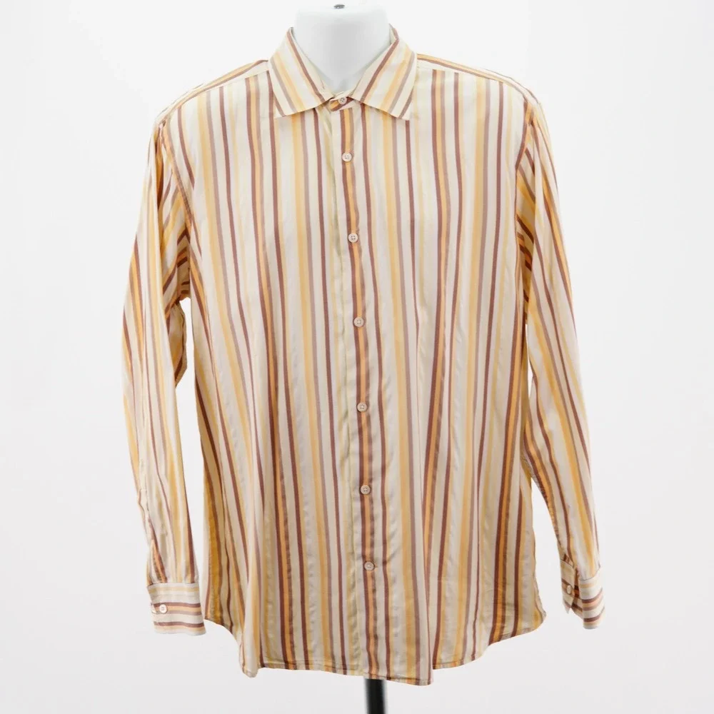 Banana Republic Yellow Striped Men's Large Cotton Collared Dress Shirt Long Slee